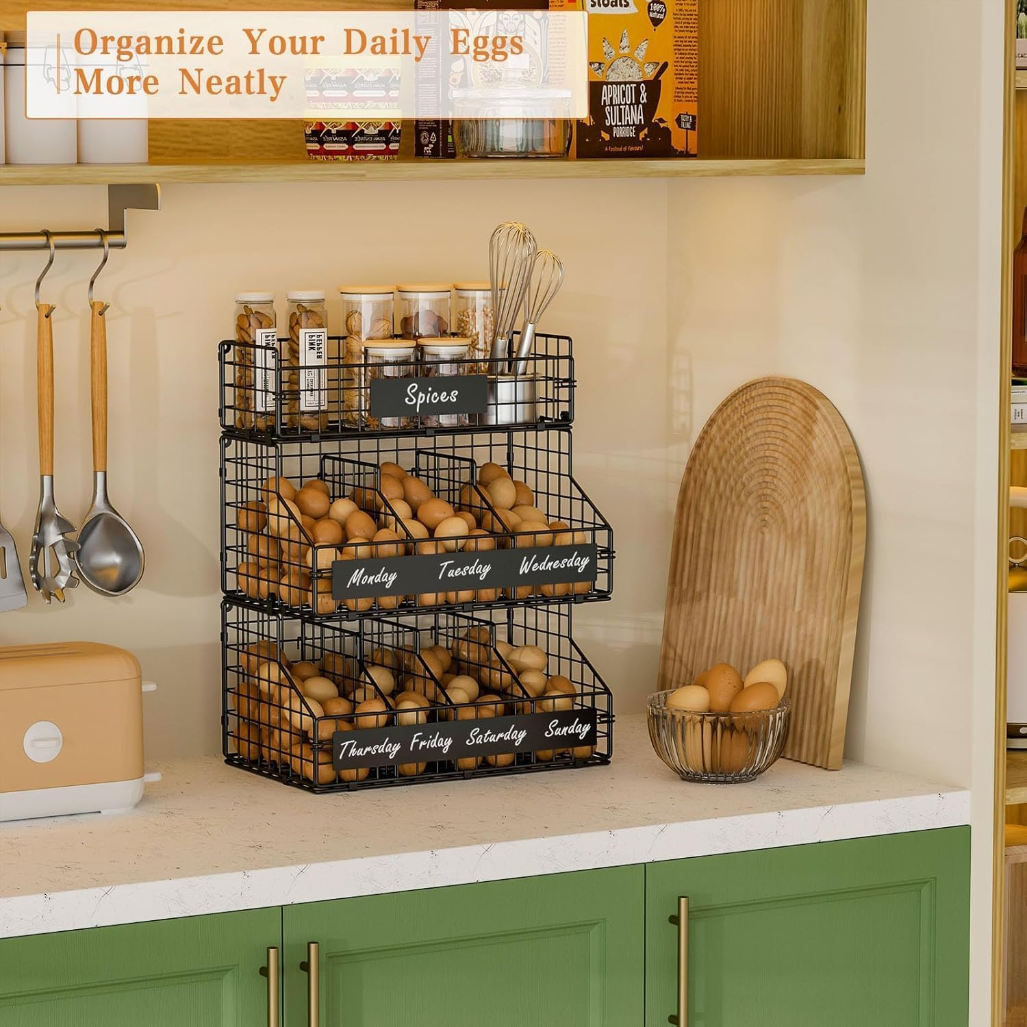 3-Tier Stackable Wire Egg Storage Basket, XXL Countertop Egg Holder with 5 Dividers, Wall-Mountable