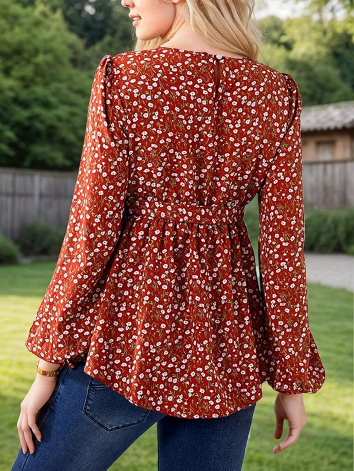 Women'S Maternity Shirt Floral Long Sleeve Belted Pregnancy Peplum Blouse Top image number 2