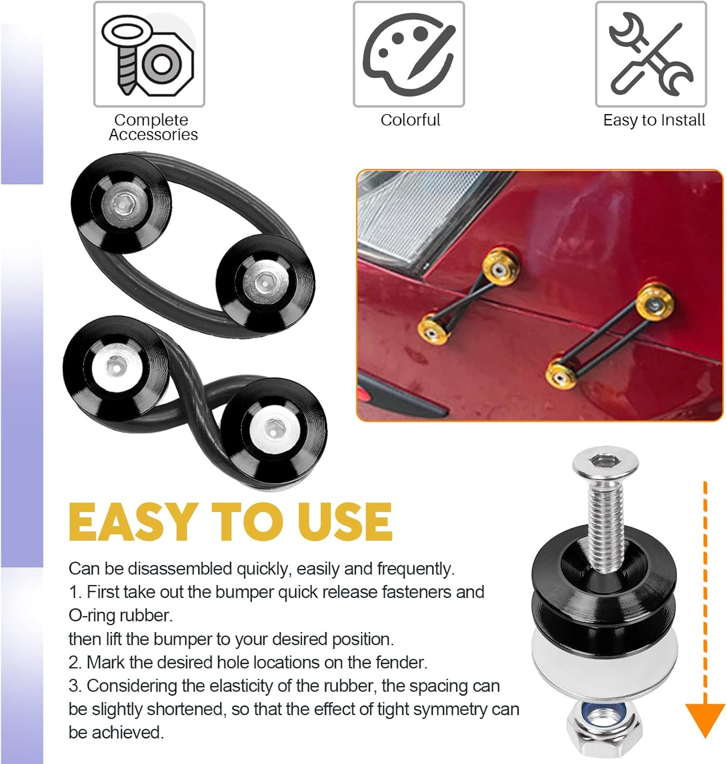 Swpeet 54Pcs - 3 Pairs Black Quick Release Fastener Kit, Universal Aluminum Bumper Clips Quick Release Front Rear Bumper Fasteners Trunk Front Rear Bumper Fasteners Fenders Holders Kit for Car Bumper