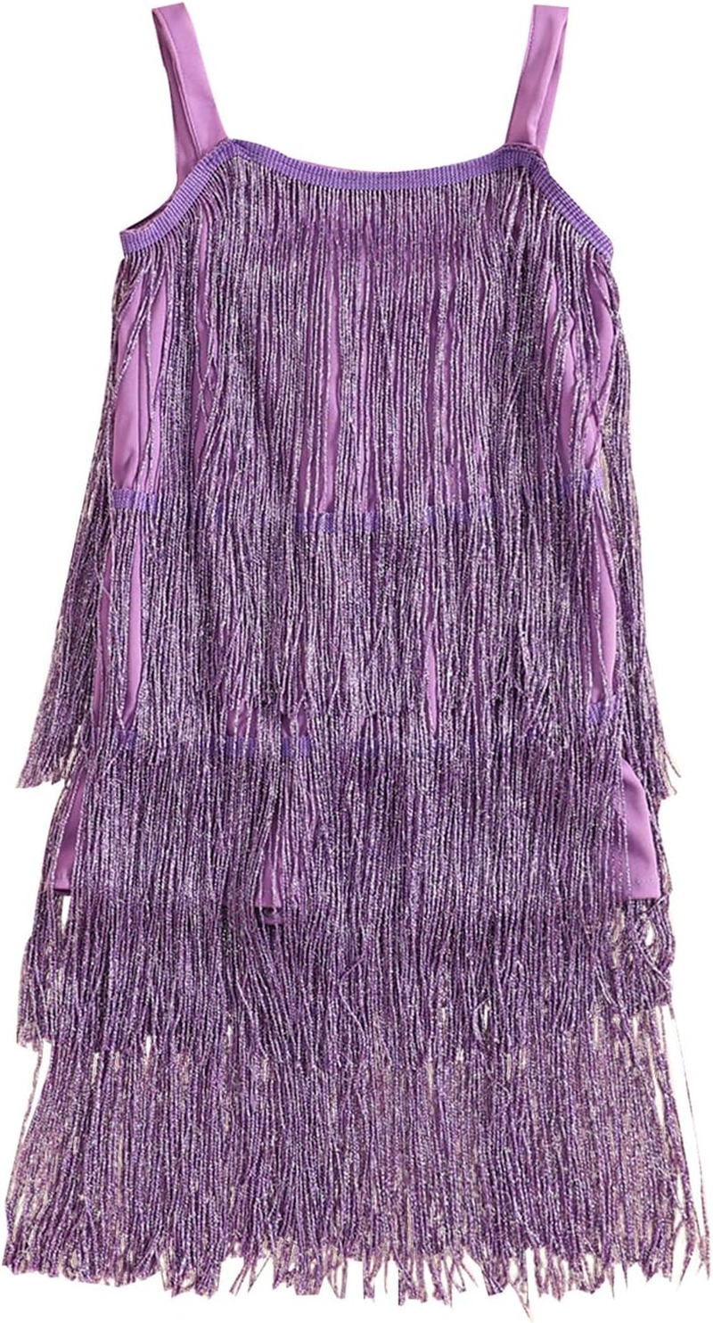 Qiylii Kid Girls Sequin Fringe Tassel Dress Sleeveless Dance Twirly Dresses Sparkly Latin Dress Concert Outfit Gift Children
