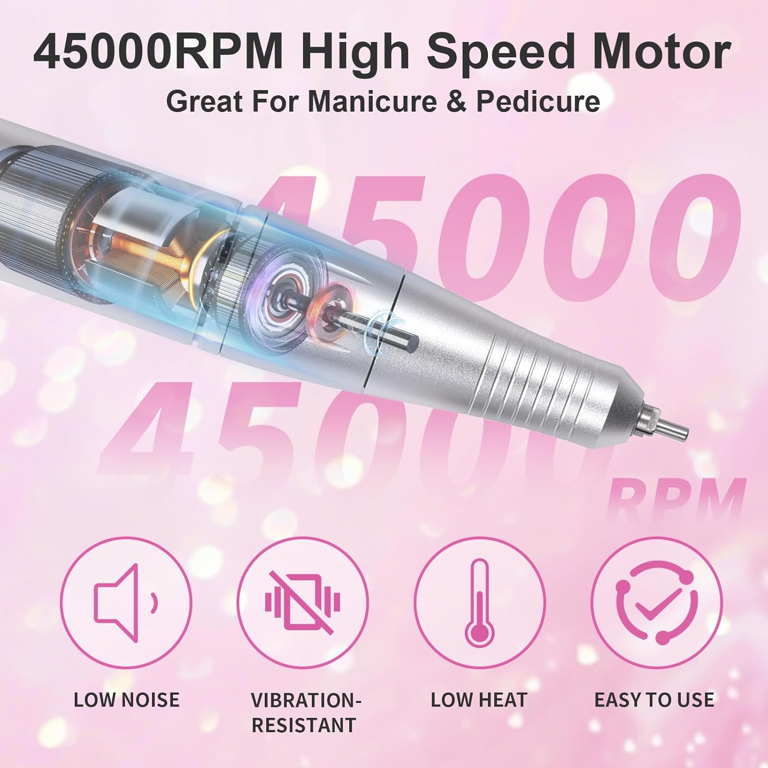 Siyuwuro Portable Nail Drill 45000 RPM Professional Cordless Rechargeable Electric Nail File for Removing Polishing Acrylic Gel Nails with 6 Drill Bits & Sanding Bands, Nail Salon Home Use (Pink)