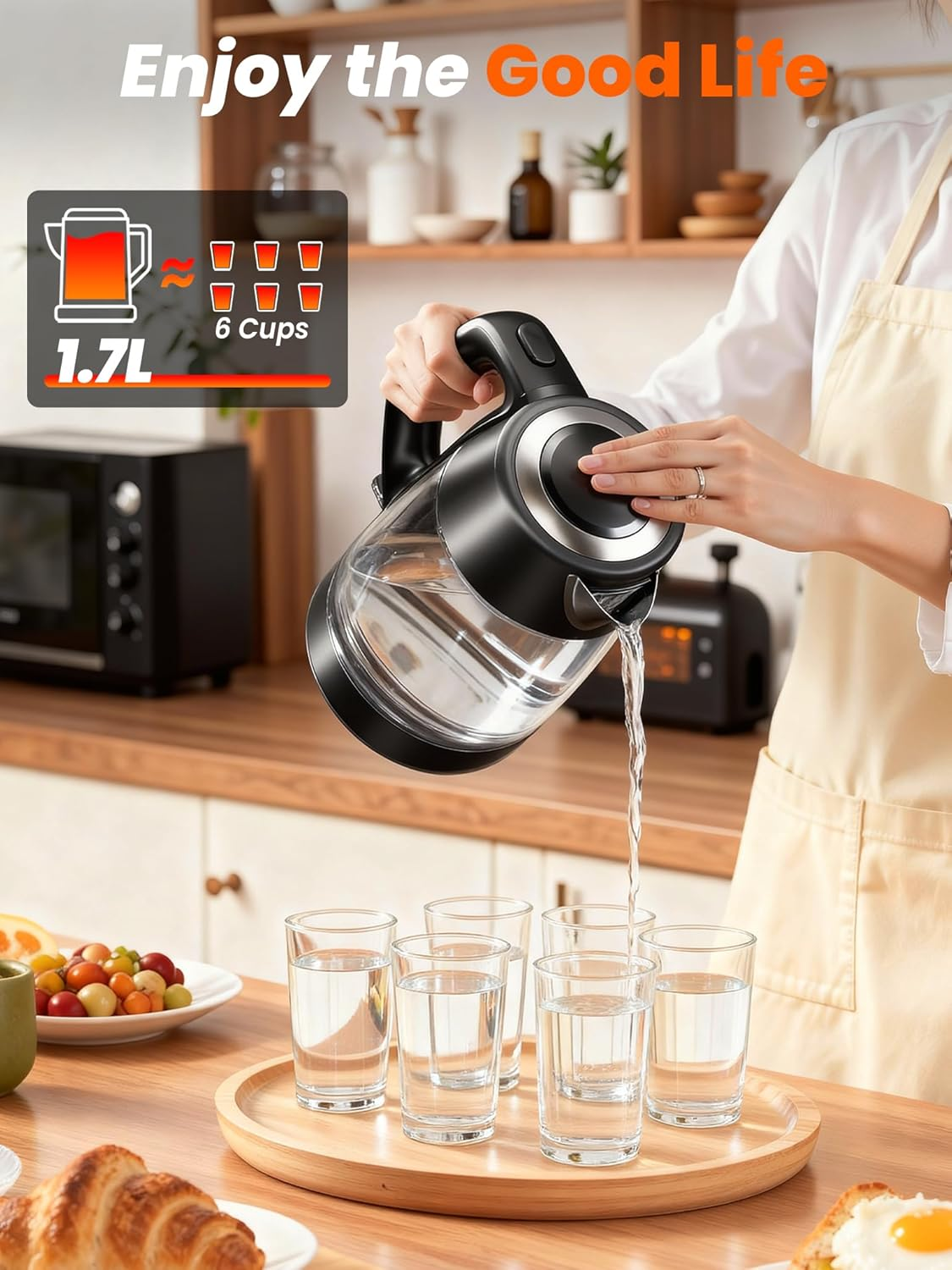 AUSELECT Electric Kettle - 1.7L Glass Kettle 2200W Stainless Steel Filter Spout, Quick Water Boiler Wiith Borosilicate Glass, Fast Boiling Water Kettles for Coffee & Tea, BPA Free, Automatic Shut Off image number 4