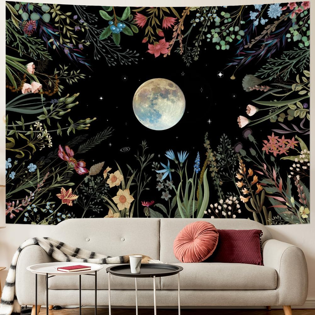 Moonlit Garden Tapestry Boho Moon Tapestry Floral Flower Tapestries Colorful Plants Tapestries Black Wall Hanging Decor for Home image number 4