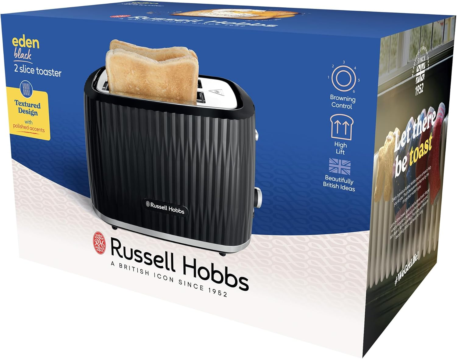 Russell Hobbs Eden 2 Slice Toaster, RHT2737BLK, Textured Design, High Lift, 6 Browning Settings, High Lift Feature, Crumb Tray, Black image number 1