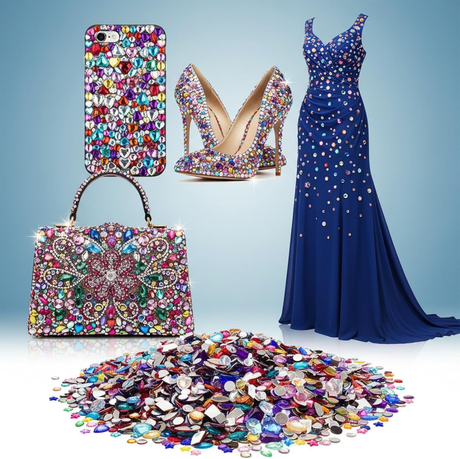 1200 Pieces Acrylic Rhinestones Colourful Gemstones Set Glitter Artificial Gemstones Multicoloured Mix Shape for Crafts, DIY, Party Events, Pirate Treasure