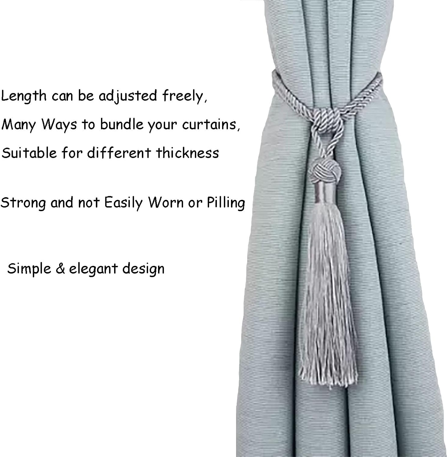 Curtain Tiebacks Handmade Rope Tassel Tie Backs Pair Curtain Holdbacks Curtain Liner Ties for Office Home Decorative Drapery Set of 2 (Silver, 2) - Black image number 2