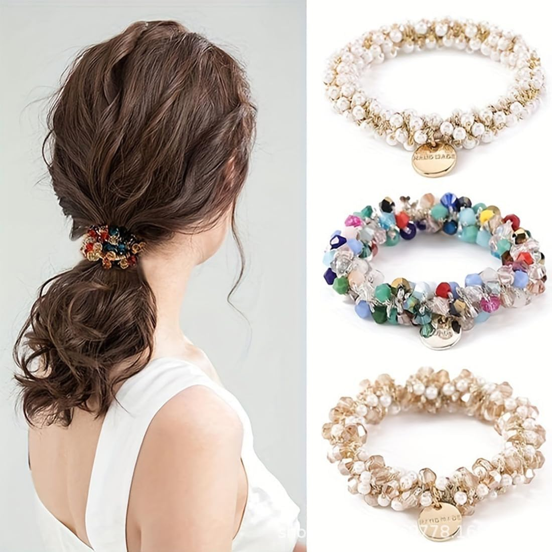 Pack of 3 Hair Bobbles with Beads, Elastic Ponytail Holder Headbands, Crystal Hair Bobbles, Women'S Scrunchies, Hair Accessories for Women, Girls, Ladies, Children image number 3