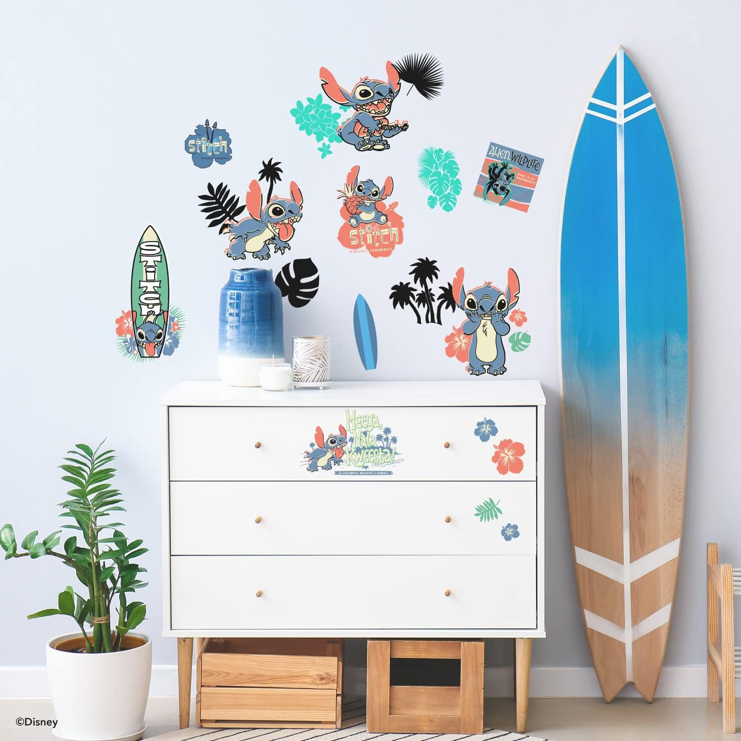 Roommates RMK5367SCS Stitch Surf'S up Peel and Stick Wall Decals, Pink, Blue, Green, Black image number 2