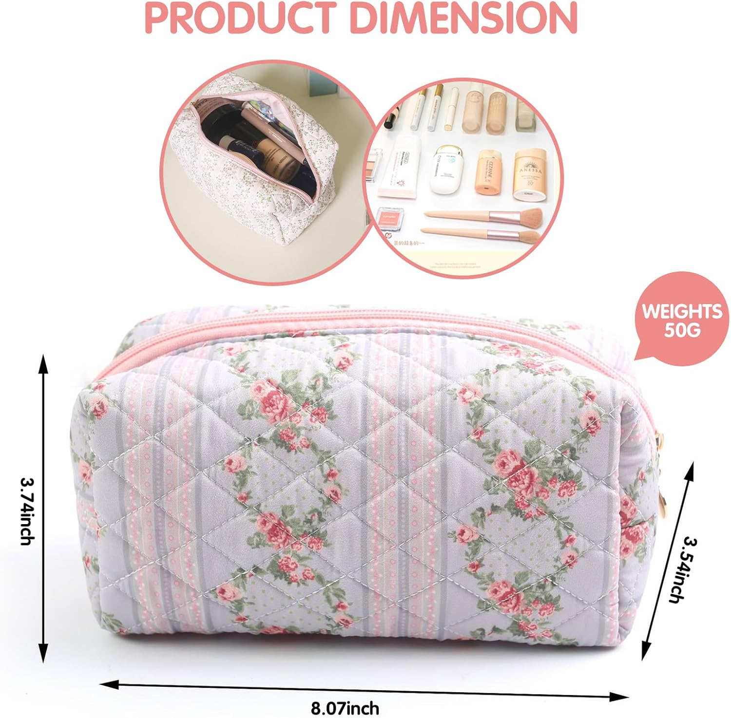 Floral Makeup Bag, Cute Quilted Makeup Toiletry Bag, Zipper Cosmetic Pouch, Daily Travel Use Skincare Bag, Multipurpose Organizer Bag, Blossom Blush Pink, Cute - 2Pack Pink + Blue image number 2