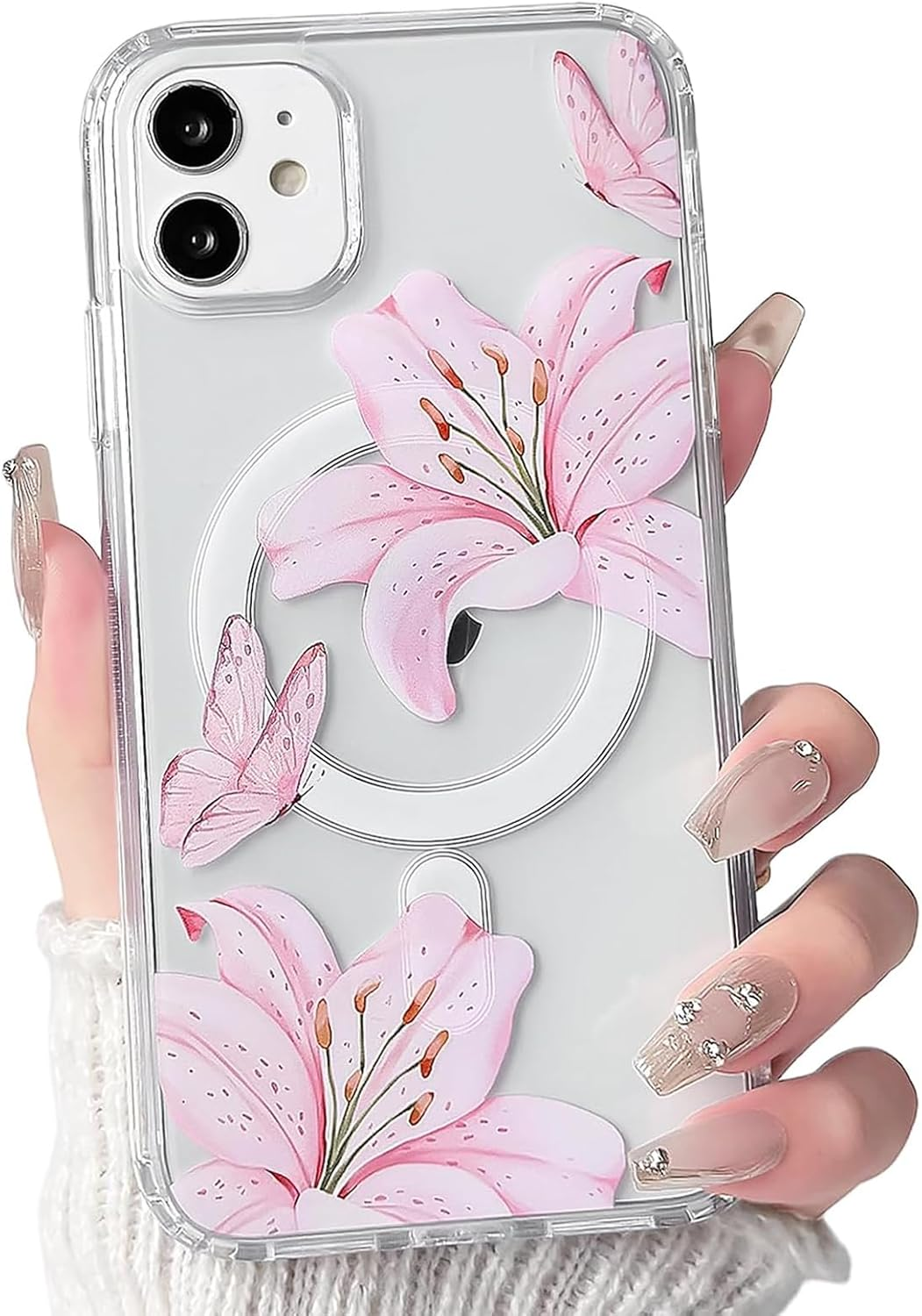 NITITOP Compatible with Iphone 11 Case Clear Magnetic Compatible with Magsafe Cute Lily Flowers Floral for Women Girls Hard PC Back Shockproof Protective Phone Cover - Pink image number 7