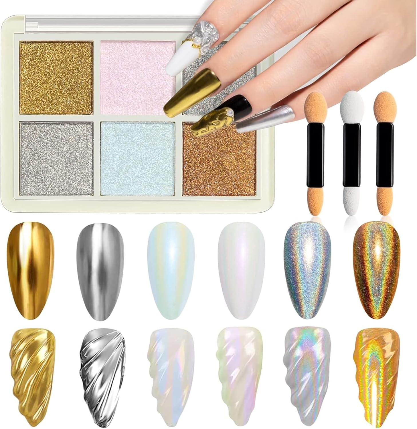 Solid Magic Mirror Powder, Mirror Powder, 6-Color Powder, Iridescent Mermaid Glitter Pearl, Suitable for ， Pigments, Aurora Gold (6-Color Solid Powder) image number 1