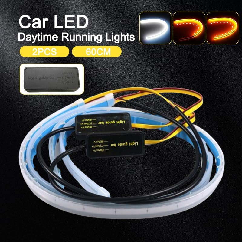 Leona Co 2PC Car LED Strip Lights, 60Cm Flexible LED Headlight Strips Dual Color White-Yellow Turn Signal Lights IP65 Waterproof Car Daytime Running Light Strip for Truck SUV image number 6