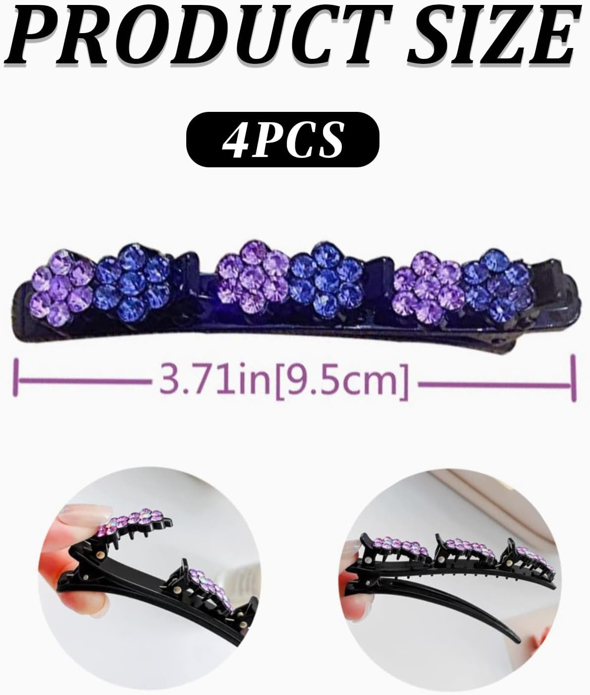 BPTRKOM Pack of 4 Glittering Crystal Stone Braided Hair Clips with Crystal Flower, Elegant Hair Styling Clips, Butterfly Hair Clips, Hair Accessories for Women image number 2