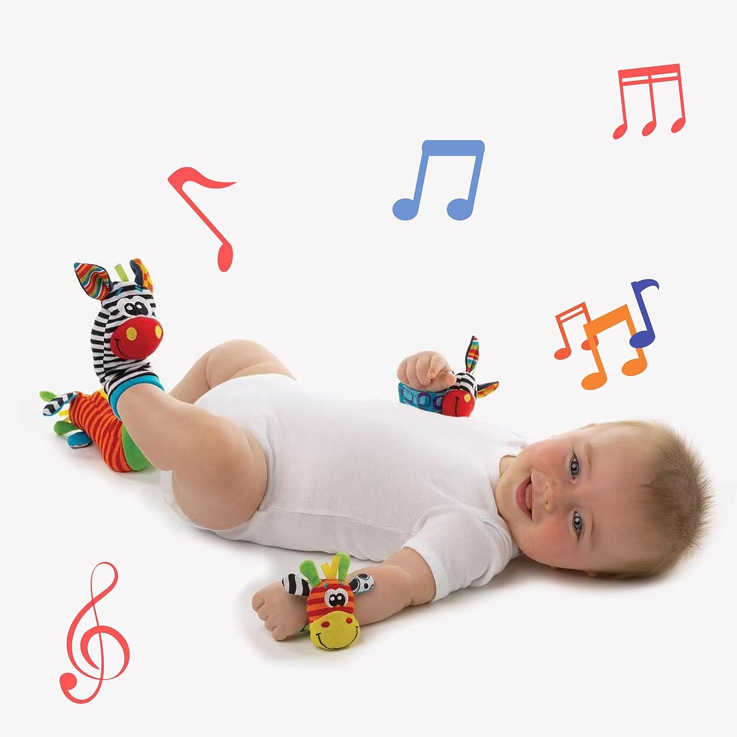 Baby Wrist Rattle Foot Finder Socks 4Pcs,Newborn Sensory Learning Toys for 0-3-6-12 Months, JOMWEN Cartoon Animal Rattles Tummy Time Toy Gift for Baby Boy Girl, Hand Bracelet Rattle Foot Socks image number 3