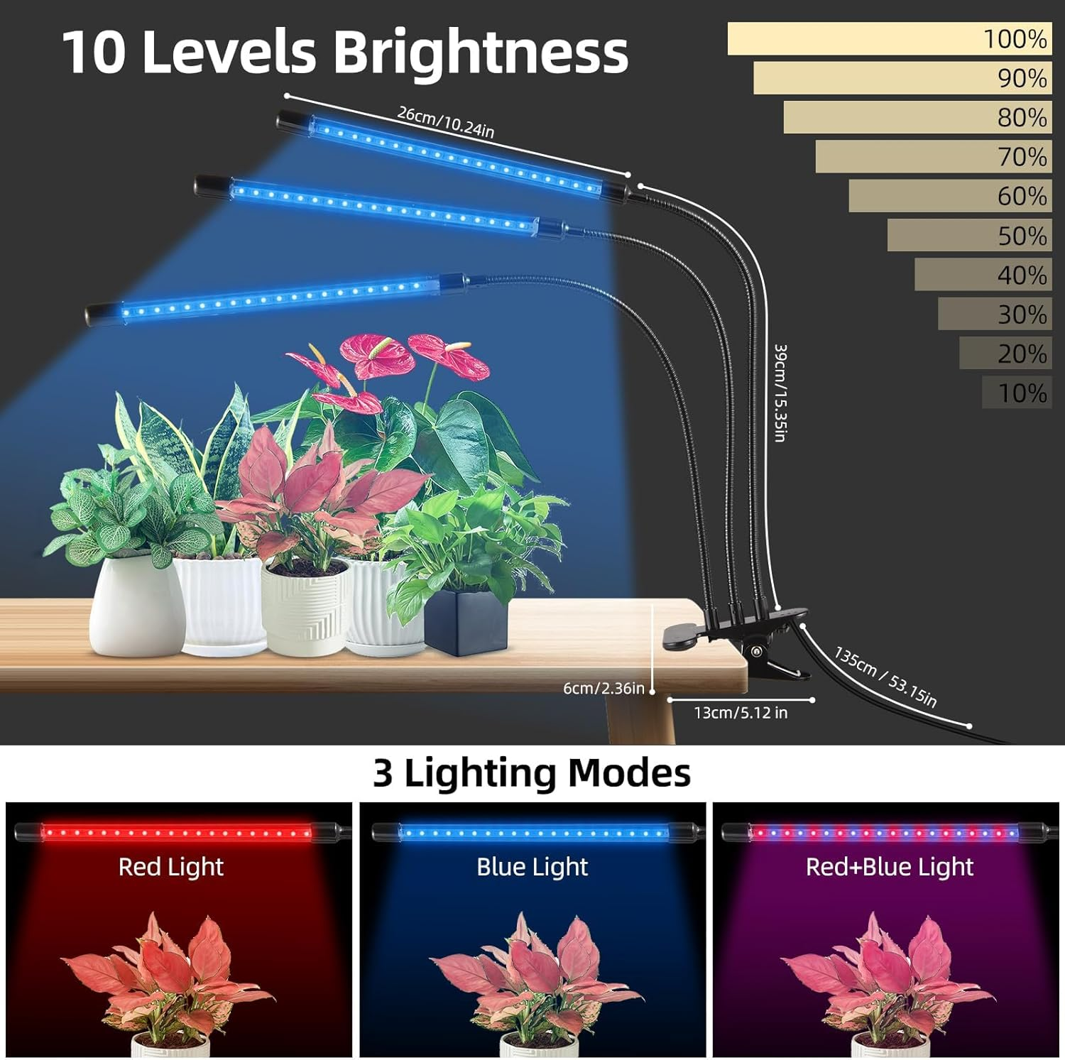 Mingzhe LED Grow Lights with Full Spectrum Clip Plant G G Lamp with Red Blue LED for Indoor Plants 10-Level Dimmable with 3/9/12H Timer 4-Head image number 2
