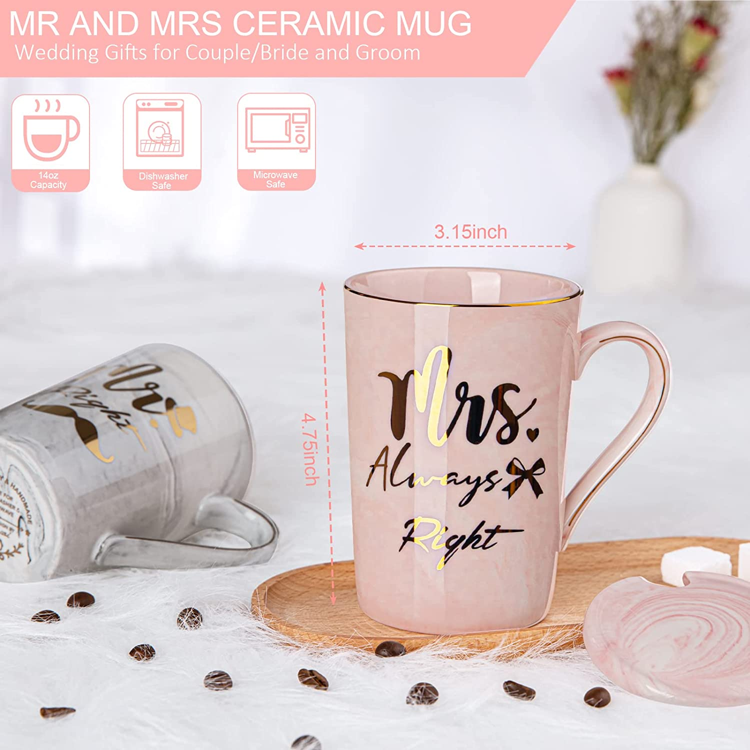 ALBISS Mr Right Mrs Always Right Couple Coffee Mugs Cups - Bridal Shower Wedding Anniversary Valentines Day Gift - Bride and Groom Newlyweds Married Couples Ceramic Marble Cups Set, 14Oz Pink & Grey&hellip; image number 2