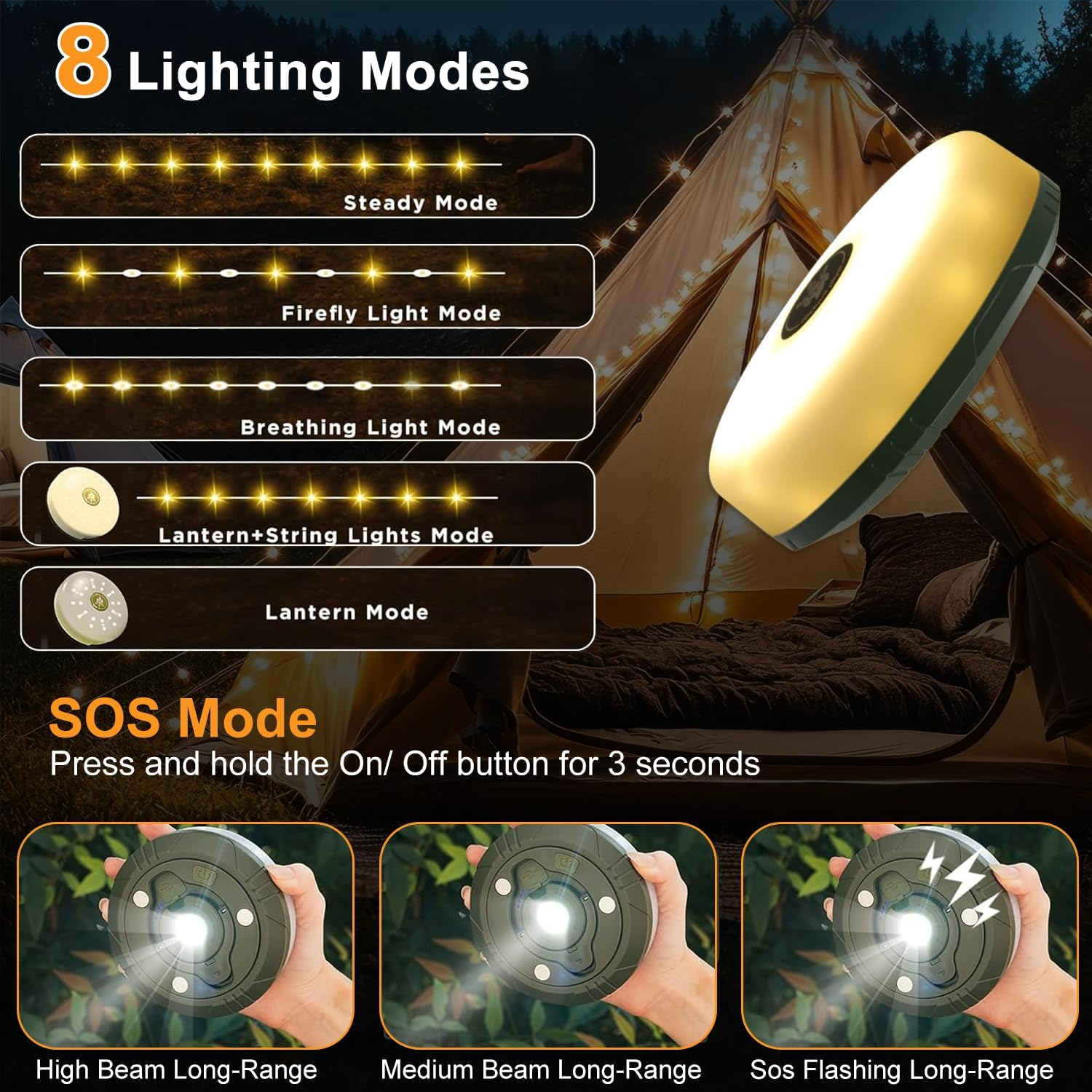 Camping String Lights, 4 in 1 Outdoor Camping Lantern with 8 Lighting Modes(32.8Ft), Quick 30S Recovery, IPX4 Waterproof, Type-C Fast Charging, Portable Camping Lights for Camping/Yard/Hiking image number 1