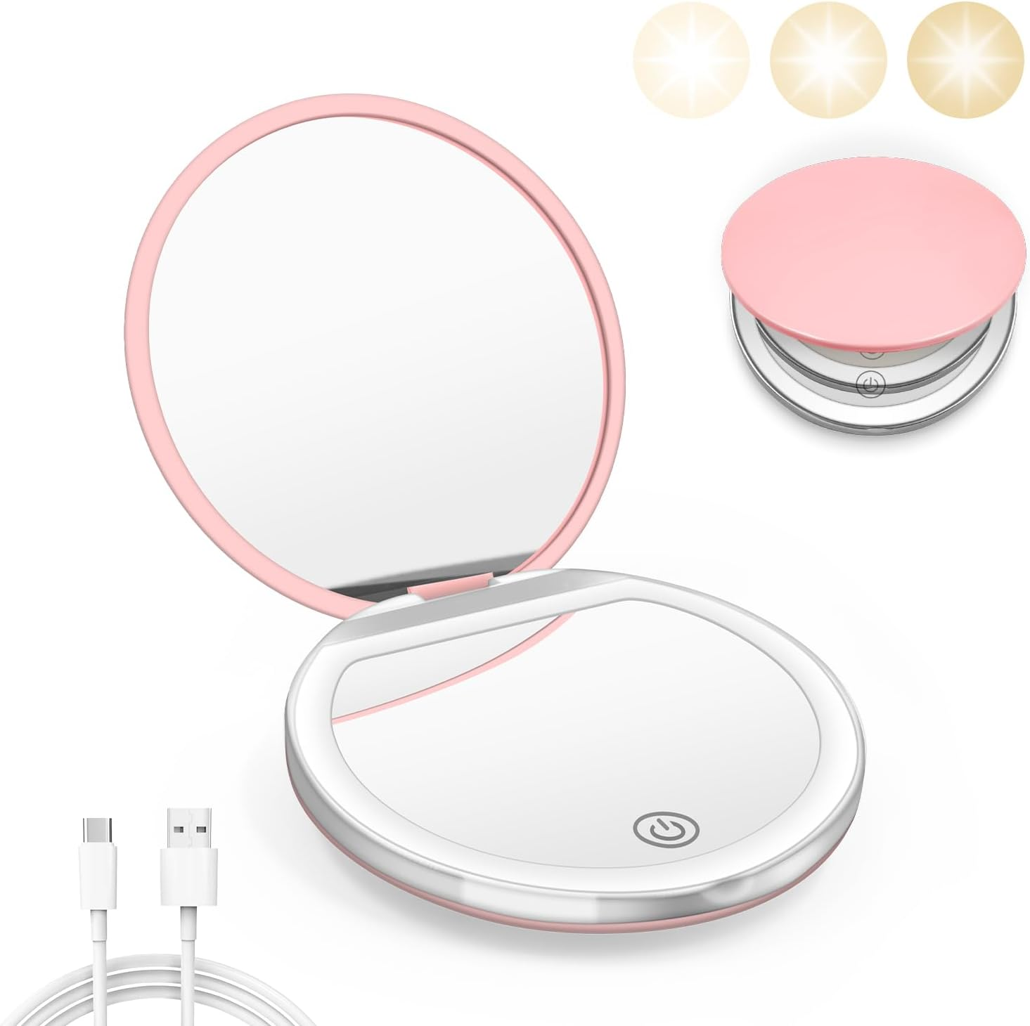 Compact Mirror with Light, 1X/3X Magnification LED Pocket Mirror with USB Data Cable, White Mini Mirror for Purse, Pocket,Travel and Present