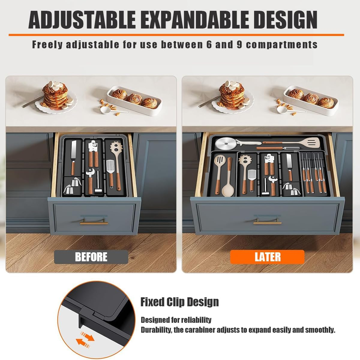 Cutlery Drawer Organiser with 4-Sided Expandable, Cutlery Organiser 6 Compartment, Movable Knife Organizers for Kitchen and Cutlery Tray,Forks, Knives and Gadgets image number 5