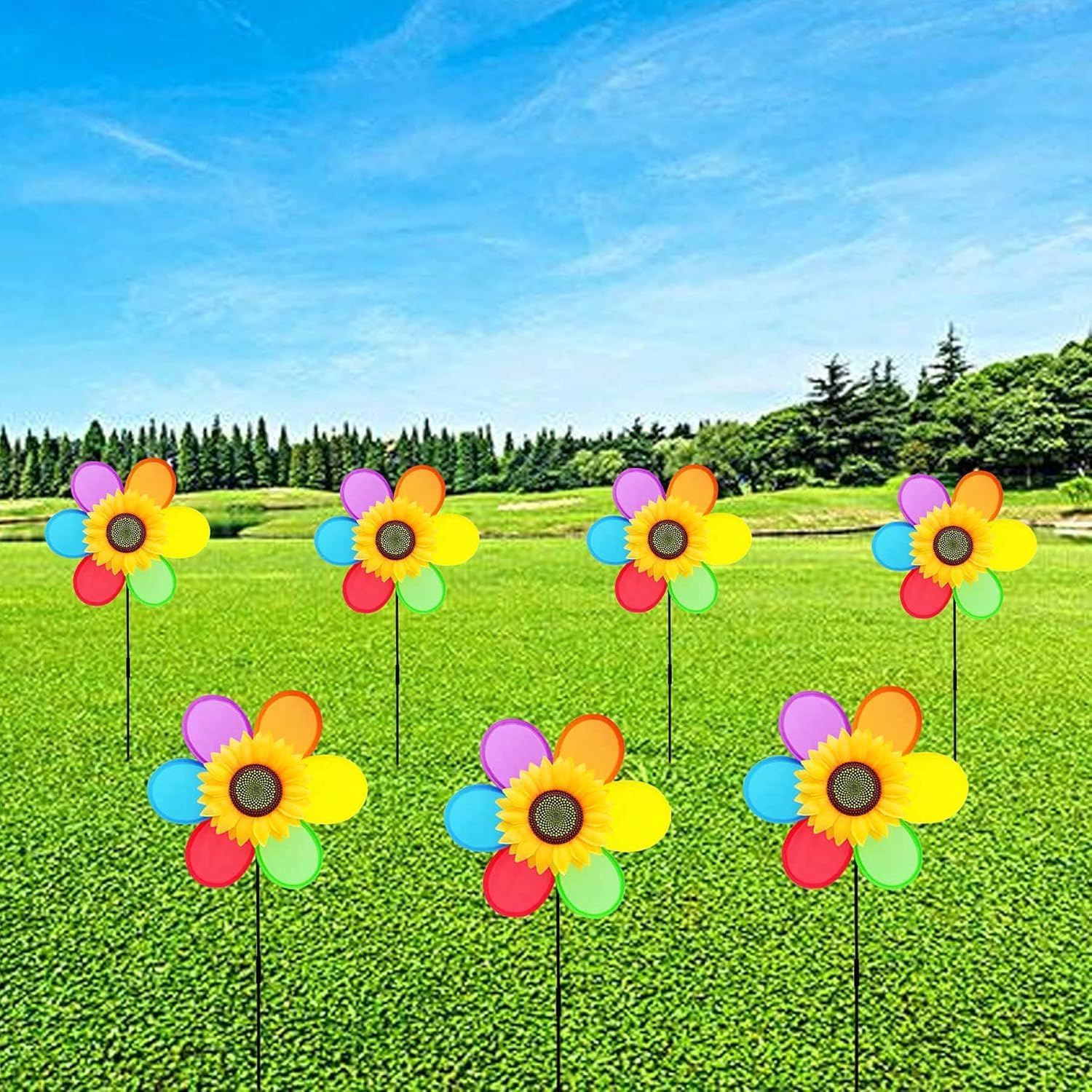 Sunflower Pinwheels Outdoor Wind Spinners Yard Garden, Lawn Pinwheels Bulk Wind Toys for Kids, Colorful Flower Windmill Decorative Pinwheel (3PCS) image number 2