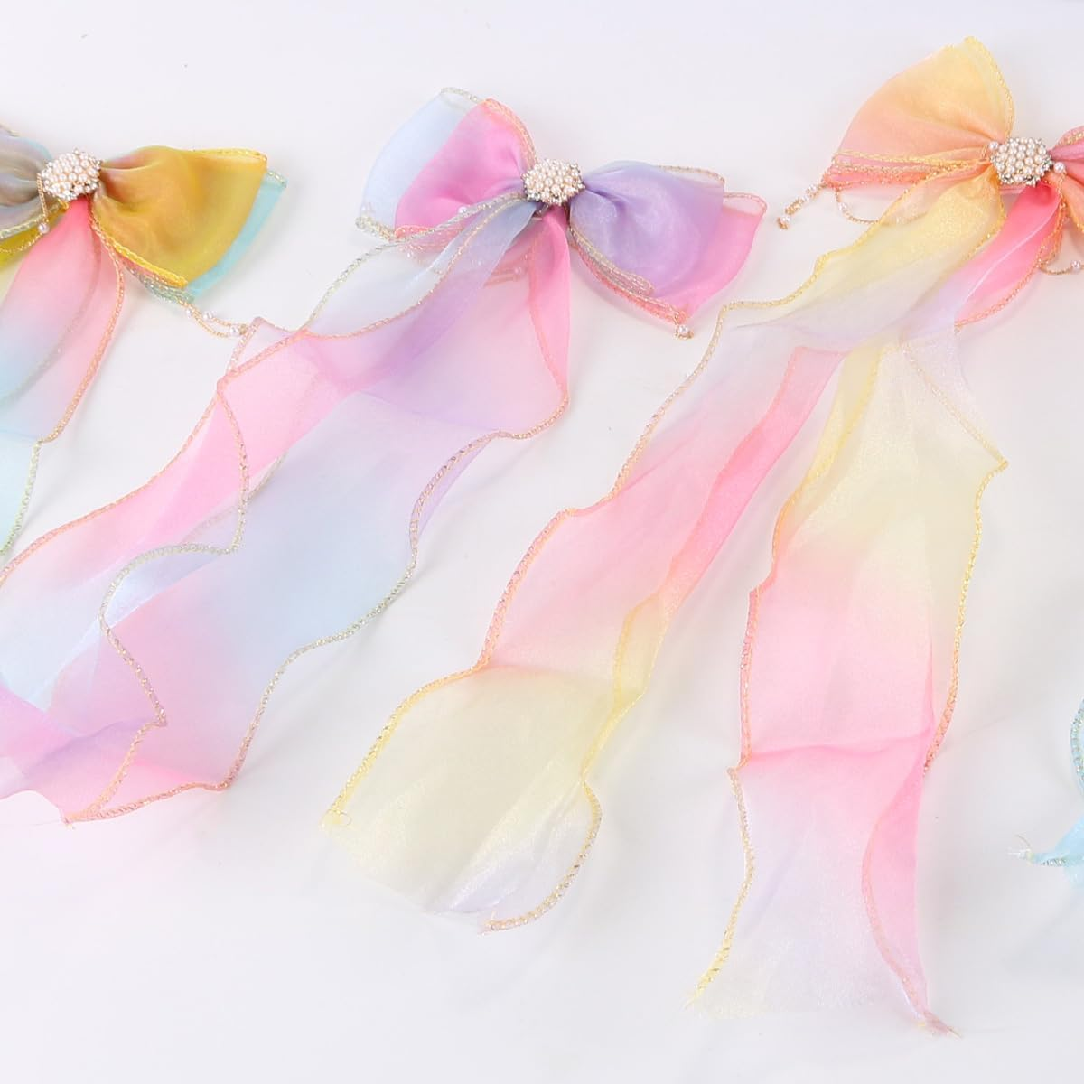 Gorise 4 Pieces Colorful Hair Bows Ribbons Colorful Butterfly Long Ribbons Accessories Alligator Clips for Girls Women Gifts for Wedding Birthday Party
