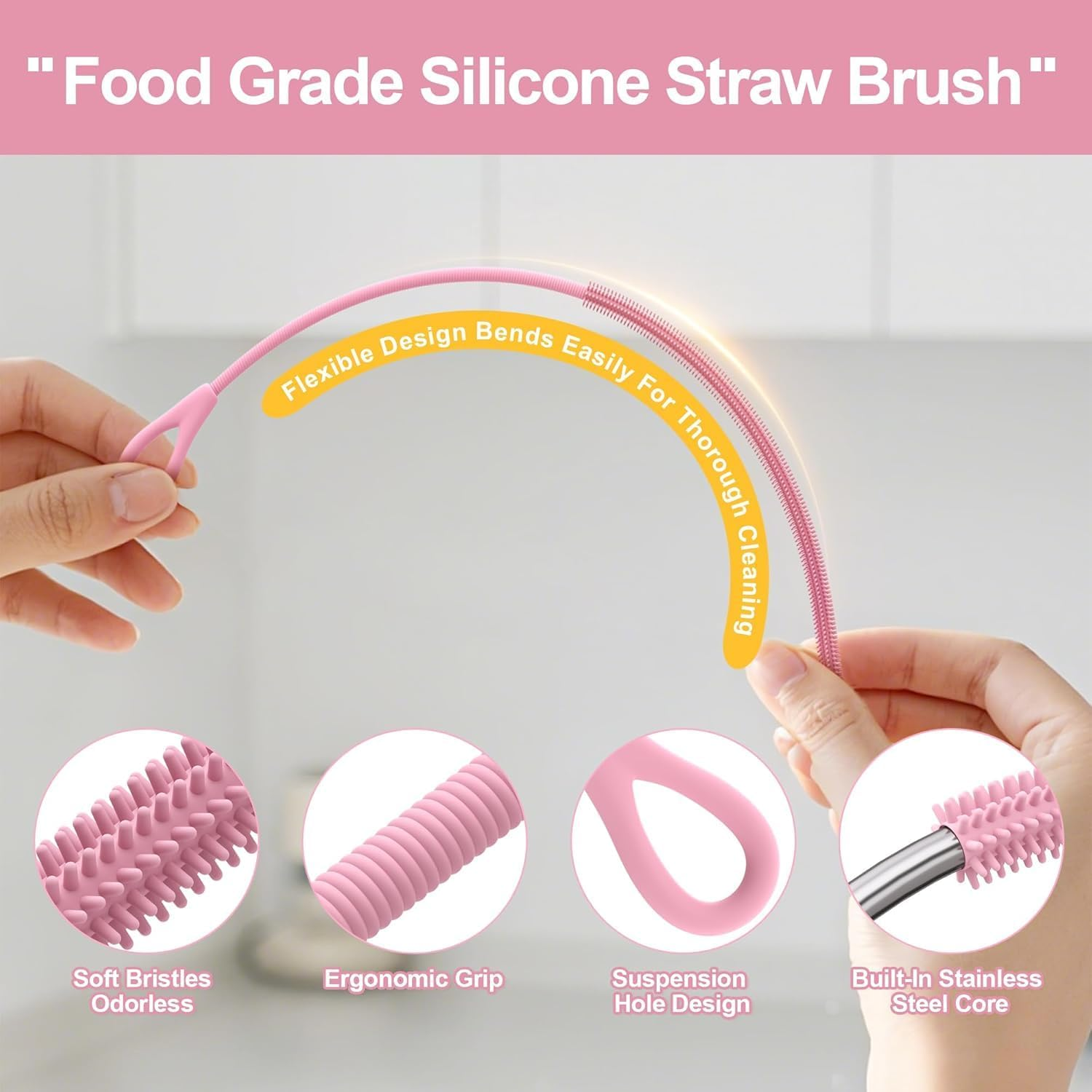 Silicone Straw Cleaner Brush - 4 Pcs Straw Brush for Water Bottle Sippy Cup Tubes Glass Straws, Reusable Bendable and Dishwasher Safe （Pink） image number 2