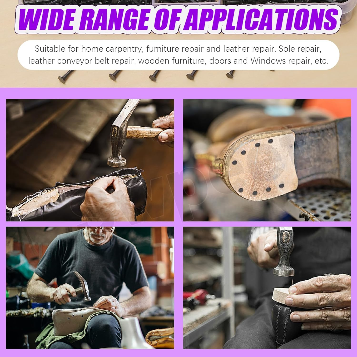 Swpeet 1200Pcs 6 Sizes 10Mm/13Mm/16Mm/19Mm/22Mm/25Mm Metal Nails Tacks Assortment Kit, Non-Slip Shoe Tacks Metal Hardware Nails Studs for Shoes Boots Leather Heels Soles Repairs Replacement image number 2