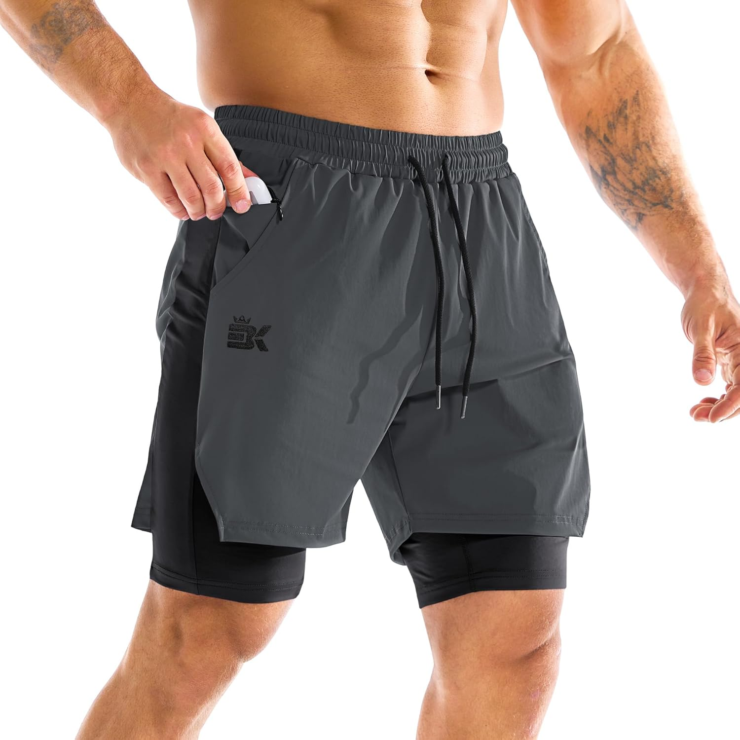 BROKIG Men'S Liner Gym Shorts, Lightweight Running Sport Workout Tennis Short Training Athletic with Zip Pocket