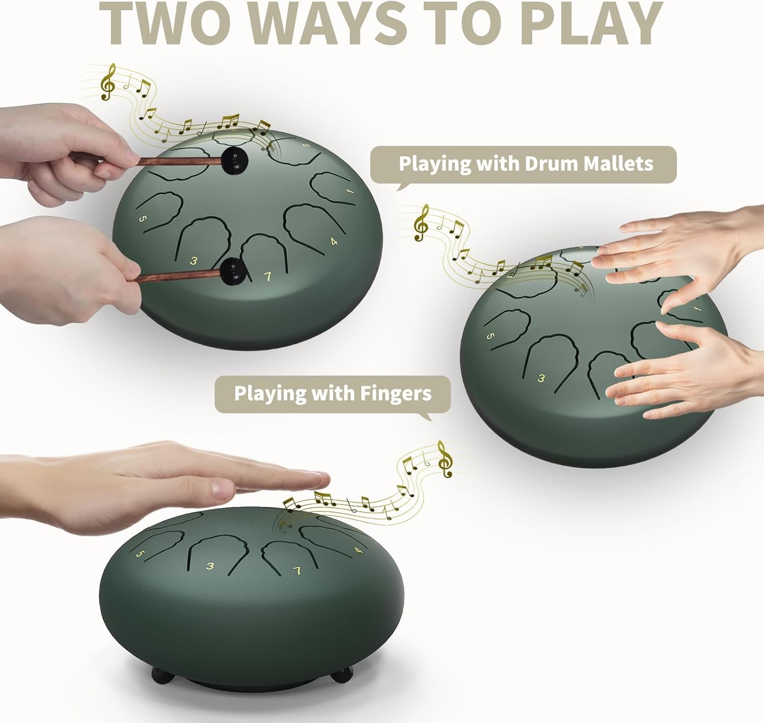 Professional Steel Tongue Drum for Adults & Kids - 6 Inch Hand Percussion Instrument Rain Drum with 8 Notes for Yoga, Meditation, Music Therapy & Concerts Play (Green, 6 Inch) (Green) - Silver Gray image number 3