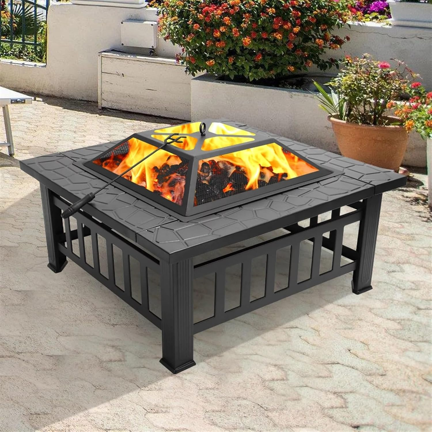 Outdoor Metal Fire Pit Backyard Patio Square Garden Stove Fire Pit with Poker image number 4