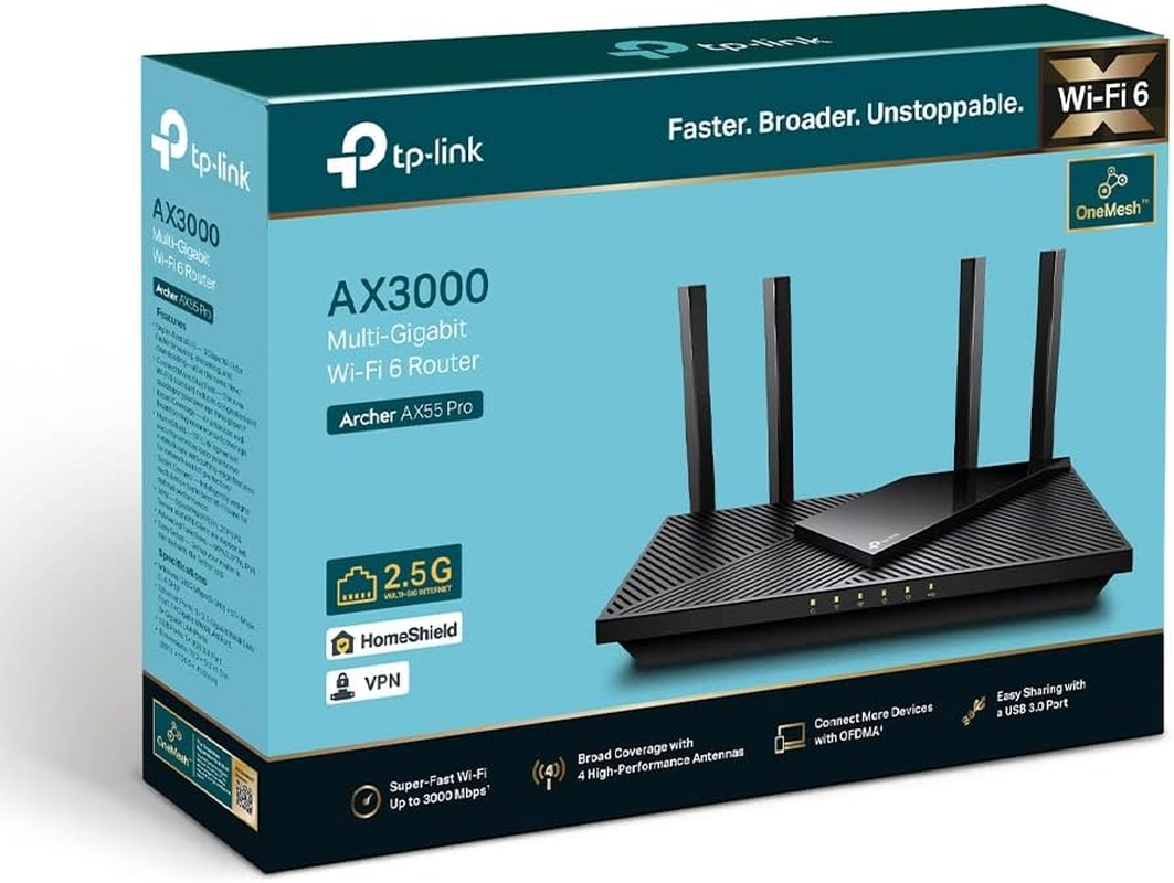 Tp-Link AX3000 Multi-Gigabit Wi-Fi 6 Router with 2.5G Port, Dual-Band, Onemesh&trade; /VPN Supported, USB 3.0 Port, Qualcomm CPU, Ideal for Gaming Xbox/Ps4/8K Steam, Tp-Link Homeshield (Archer AX55 Pro) image number 2