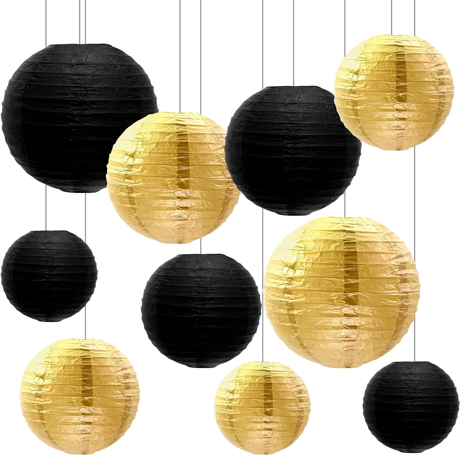 Dcsfadq Pack of 10 Black Gold Paper Lanterns Set Hanging Lantern Reusable Lanterns Decoration (10 Cm/15 Cm/20 Cm/25 Cm) Party Decoration Paper Lantern for Weddings, Garden Parties, Bride to Be image number 2