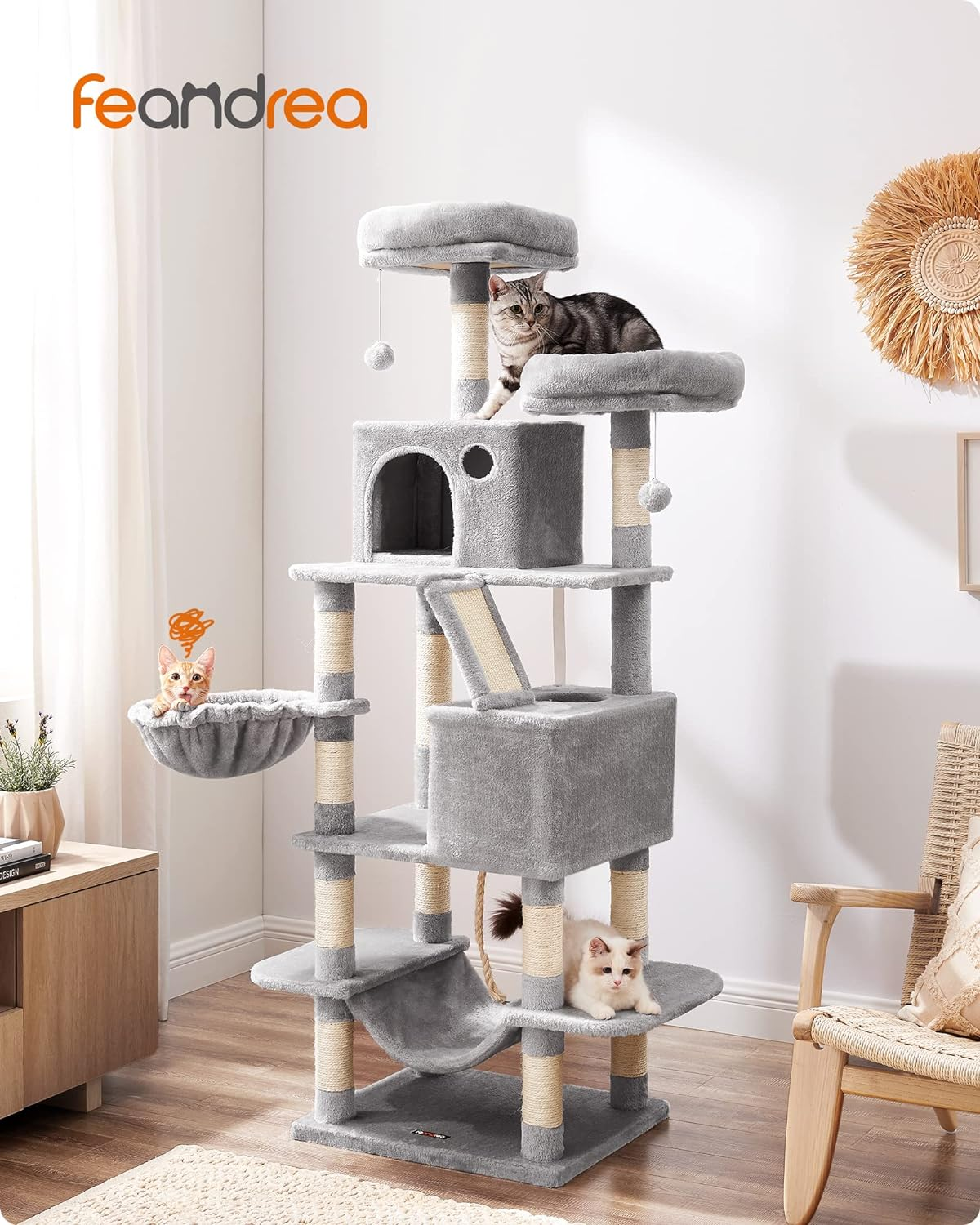 FEANDREA Cat Tree, 168 Cm Large Cat Tower with 13 Scratching Posts, 1 Scratching Ramp, 2 Perches, 2 Caves, Basket, Hammock, Pompoms, Multi-Level Plush Cat Condo for Indoor Cats, Light Grey image number 5