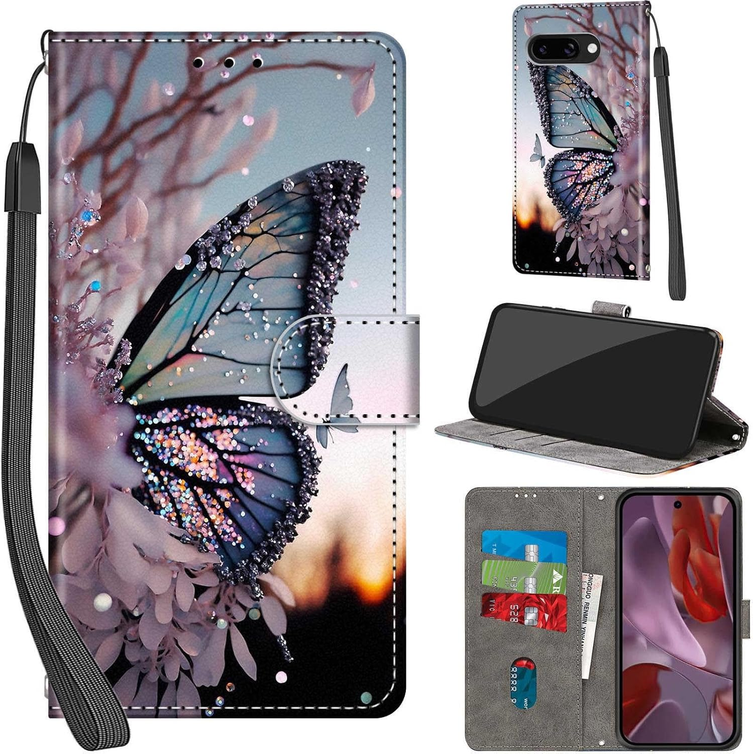 Mobile Phone Case for Google Pixel 9A Cases Premium Leather Case Foldable Wallet Magnetic Card Slot Stand Function Protective Case Compatible with Pixel 9A Cover, Butterfly
