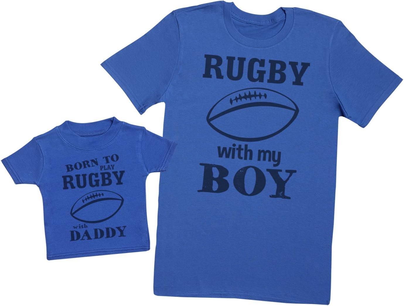 Zarlivia Clothing Born to Play Rugby with Daddy - Matching Father Baby Gift Set - Mens T Shirt & Baby T-Shirt - Blue - X-Large & 3-6 Months