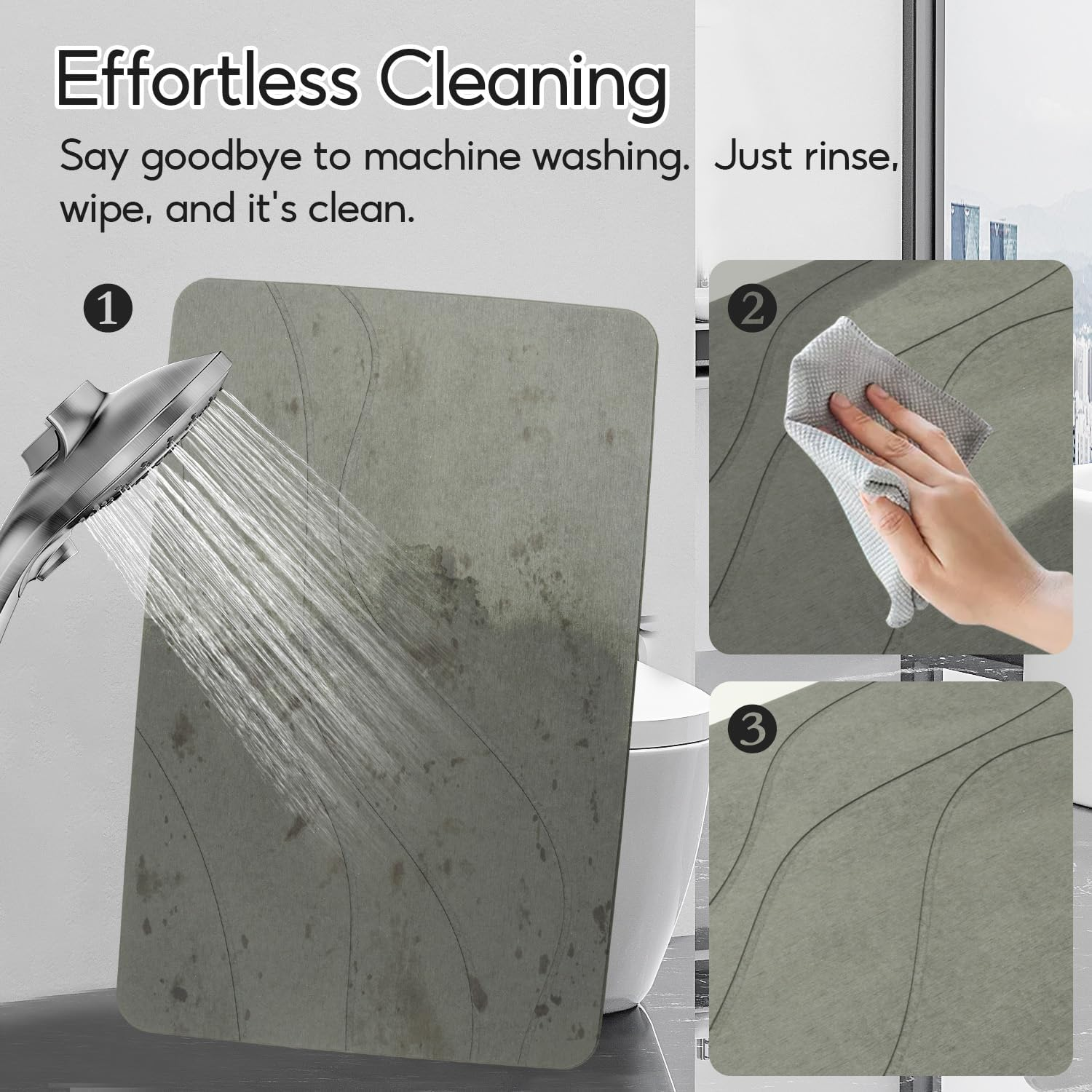 Natureva Home - Stone Bath Mat | Super Absorbent, Quick Dry, Non Slip | Modern Diatomite Bathroom Mats | Made of Natural Diatomaceous Earth (Light Gray, 60 * 40CM, Flat) (Line) image number 6