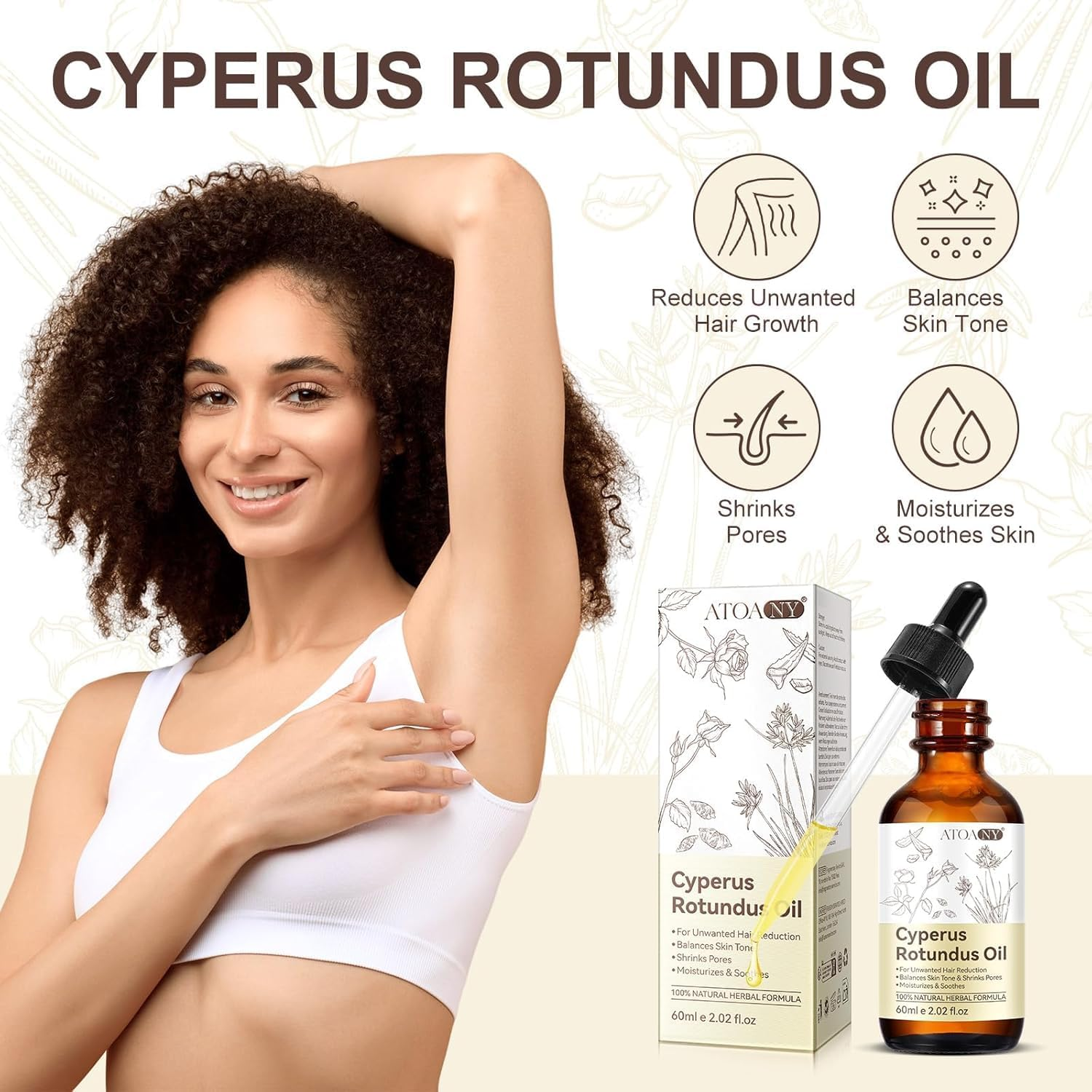 Natural Cyperus Rotundus Oil for Hair Removal, Reducing Body Hair Growth, Smoothing, Moisturizes & Soothes Skin, Gentle and Effective for All Skin Types, 2Fl Oz, 60Ml,