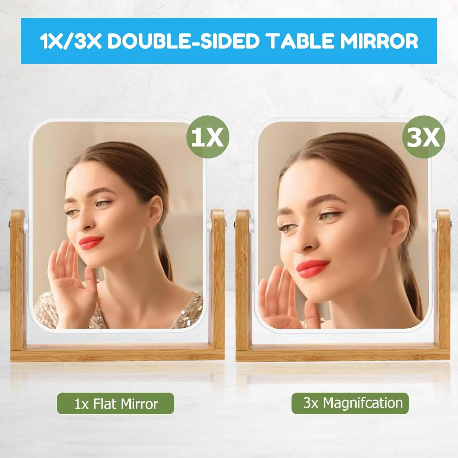 Vanity Makeup Mirror with Natural Bamboo Stand &ndash; 1X/3X Magnification Double-Sided 360&deg; Swivel Magnifying Mirror, Tabletop Makeup Mirror for Bathroom or Bedroom, 8 Inch image number 2