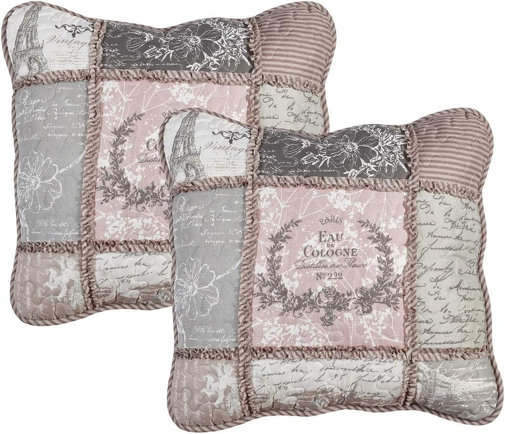 Brilliant Sunshine Latte Grey Paris and Toile Floral Patchwork Ruffle Pillowshams, Quilted Decorative Pillow Covers Set, Square Throw Cushion Cases for Couch, Chair, Bed, 18X18,Pack of 2, Latte Grey image number 1