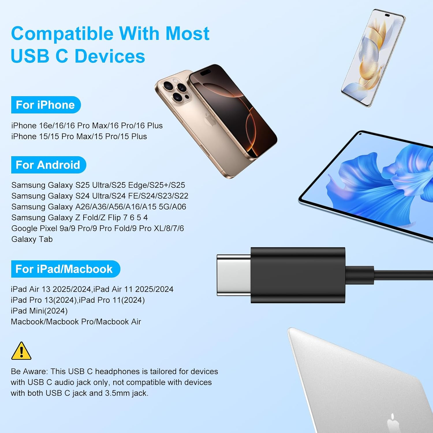 USB C Headphones Wired Earbuds for Samsung Galaxy Z Fold7 Z Flip7 FE S25 Ultra S25 Edge S25+ A26 A36 A56 S24 FE Wired Earbuds with Mic & Volume Control, Hifi Stereo Noise Cancelling Type C Earphones image number 1