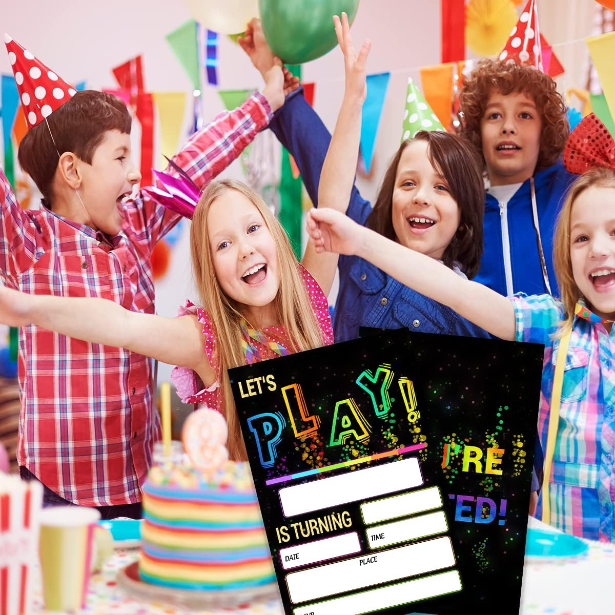 SHLINCO Glow Let'S Play Birthday Party Invitations for Boys Girls, Neon Party Invites for Kids, Double Sided Design(20 Cards + Envelopes) image number 2