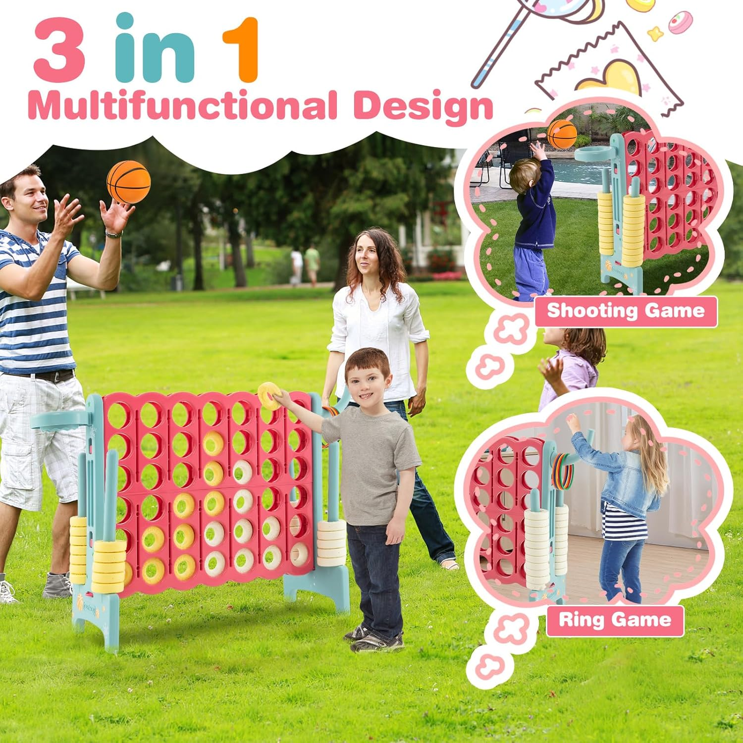 Costway Giant 4-In-A-Row Game, Oversized Jumbo 4-To-Score Game Set W/Quick-Release Lever, Upgraded Stickers for Kids & Adults, Connect Plastic Game W/42 Jumbo Rings for Indoor & Outdoor (Blue+Pink) image number 3