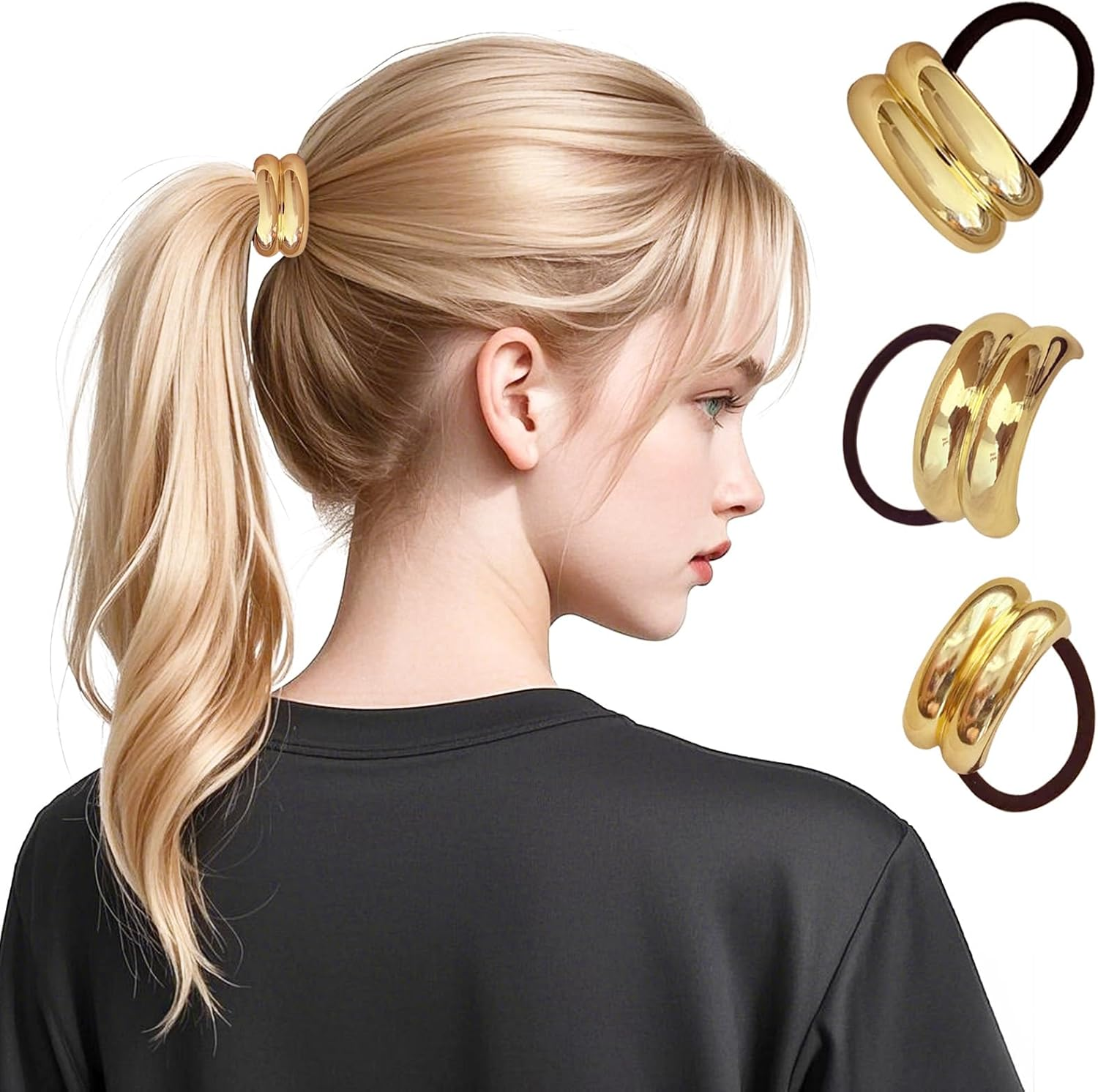 3 Pieces Metal Hair Ties Ponytail Holders Durable Elastic Bands Stylish Lightweight Accessories Comfortable Fit Suitable for All Hair Types(Gold) image number 2