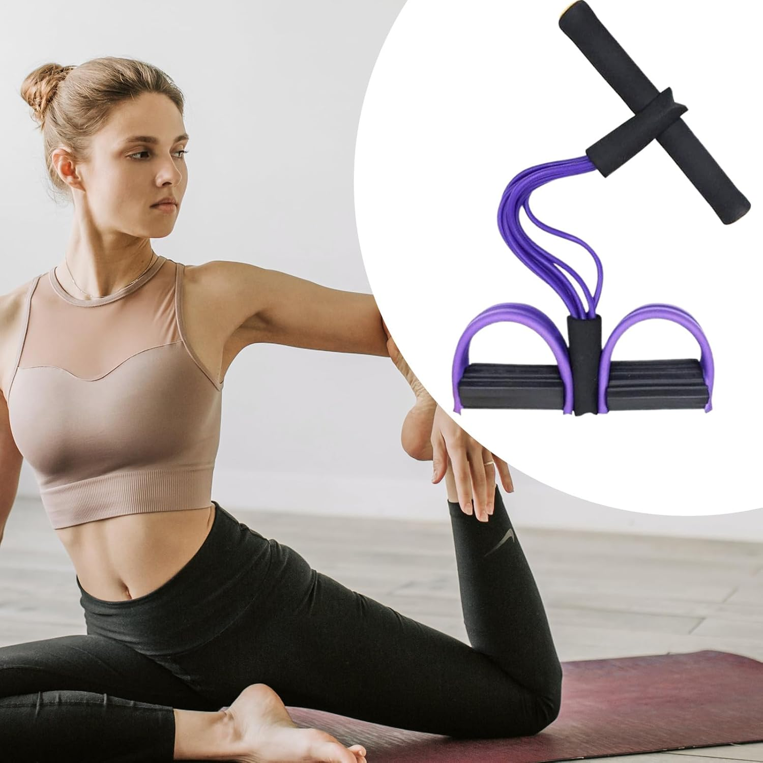 Pedal Resistance Band with Handle,Fitness Foot Pedal Stretch Bands 6-Tube | Stretching Trainer Training Equipment for Beginners Pilates Yoga Adults Home Office Gym Abdomen Arms - Black image number 3