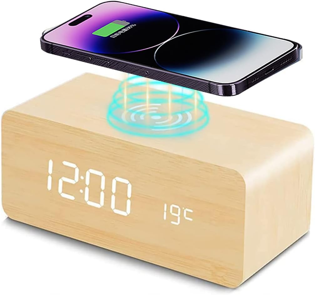 Wooden Digital Alarm Clock with Wireless Charging, 3 Alarms LED Display, Sound Control and Snooze Dual，Adjustable Brightness, Time Temperature (Black)