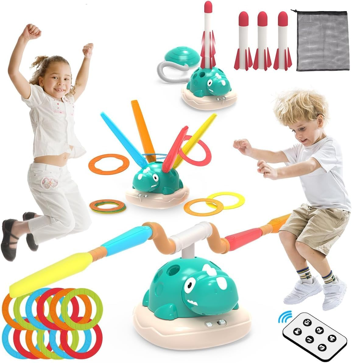 Kaekid Indoor Outdoor Toy for Kids, 3-In-1 Dinosaur Rocket Launcher, Ring Toss & Musical Jumping Toy for Kids Aged 3-8, Kids Toys with Remote Control & Storage Bag image number 2