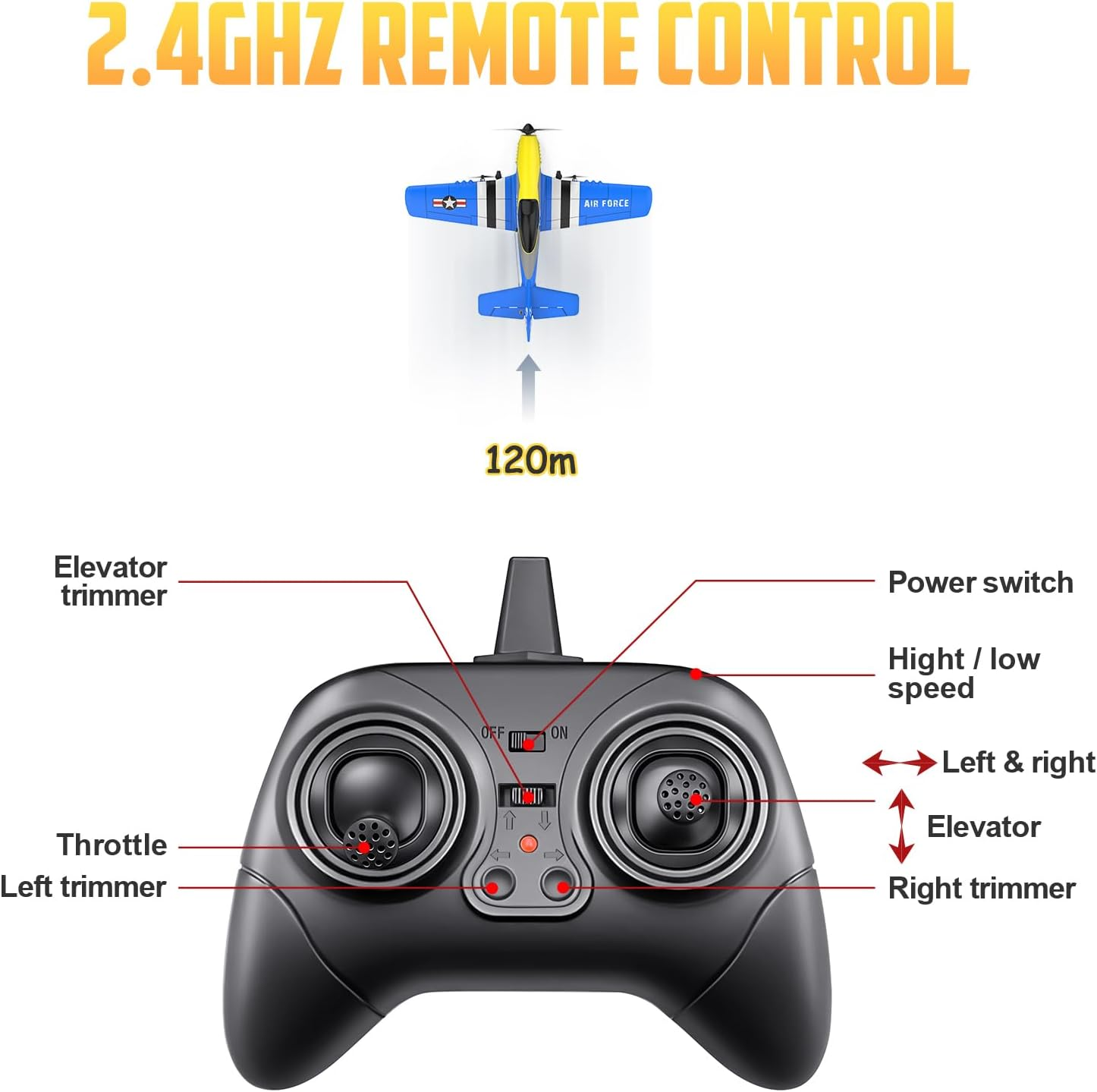 HAWK'S WORK 3 Channel RC Plane P-51D Mustang, Remote Control Airplane Ready to Fly, 2.4Ghz 6-Axis Gyro Stabilizer, Easy to Fly for Kids & Beginners - 3Ch-Gray image number 7