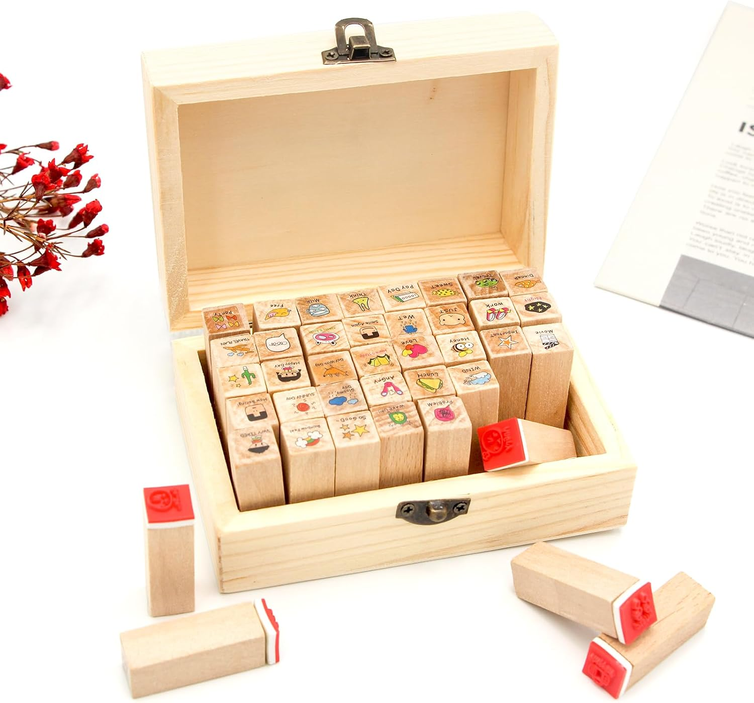 SONGER 40PCS Cute Mini Wood Rubber Stamp Set DIY Diary Scrapbook Stamp Set, Art Stamps for Scrapbook, DIY Card Making, Bullet Journals and Arts & Craft Decoration Supplies