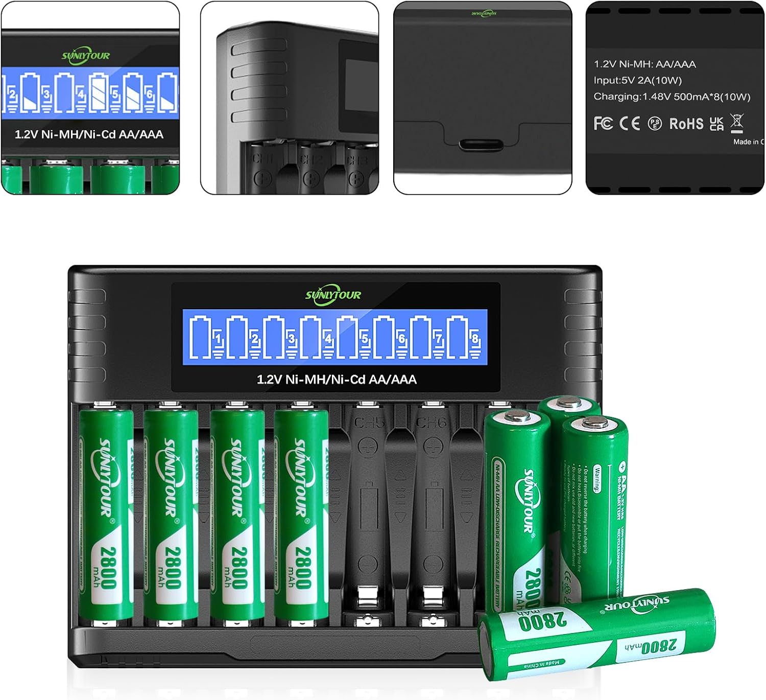 2800 Mah Ni-Mh AA Battery with Charger, SUNLYTOUR Pack of 8 2800 Mah AA NI-MH Batteries with 8 Slots AAA AA Charger, Charge up to 1200 Cycles image number 5