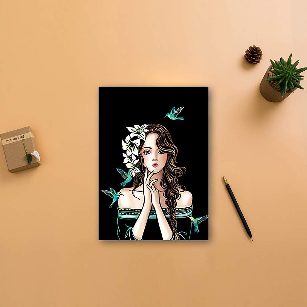 Scratch Art for Kids & Adult, Magic Rainbow Flower Engraving Painting Paper, Landscape Scratchboard(A4) Sketch Beautiful Crafts Set: 8 Sheets with 4 Tools - Drawing Pens, Cleaning Brush(Girl/Sakura) image number 4